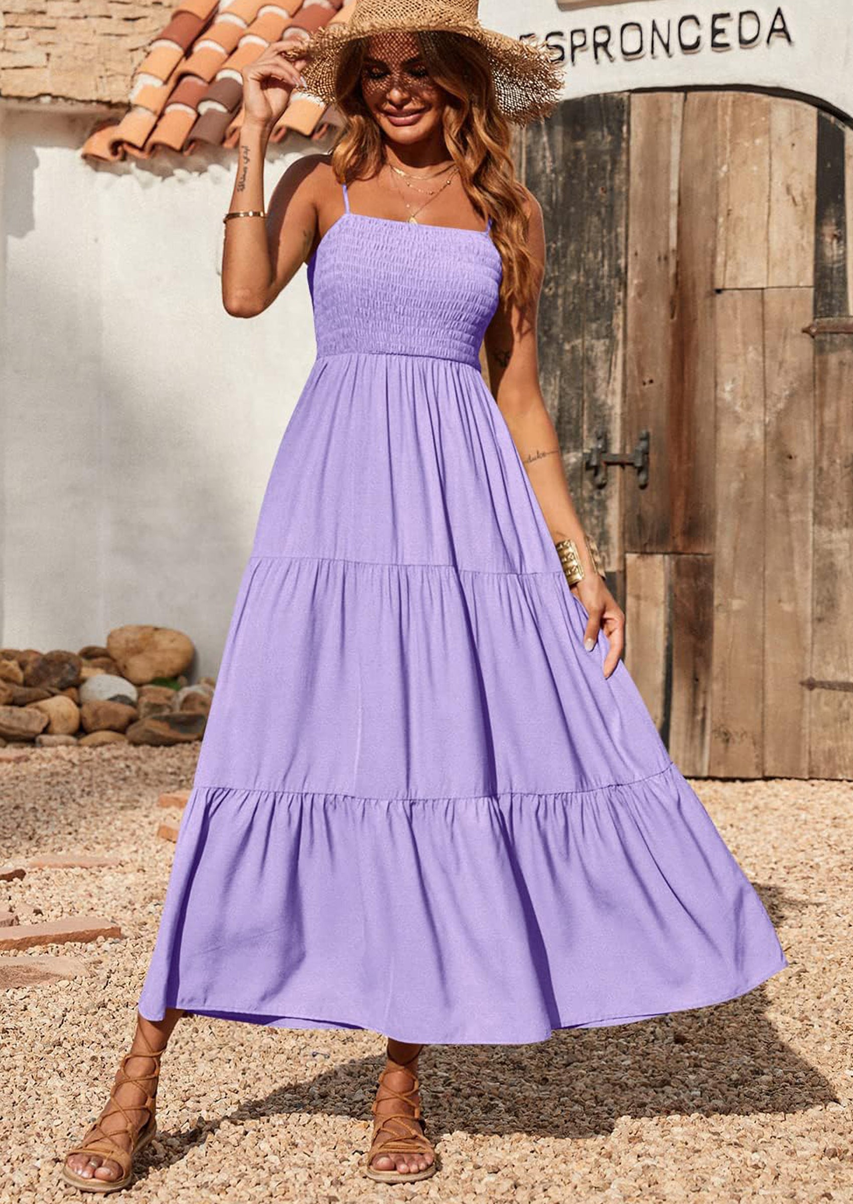 PRETTYGARDEN Women's Summer Maxi Dress Casual Boho Sleeveless Spaghetti Strap Smocked Tiered Long Beach Sundresses