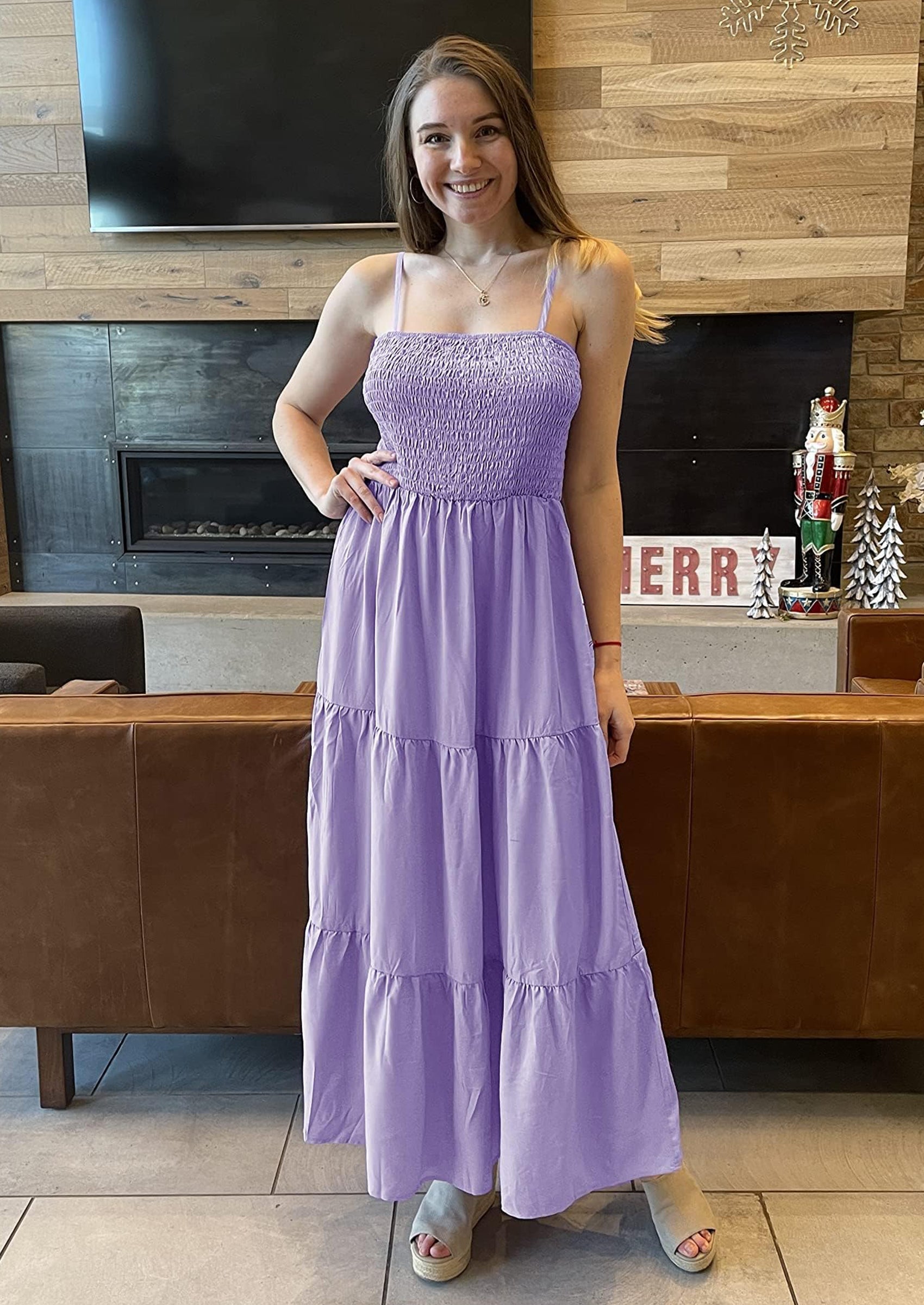 PRETTYGARDEN Women's Summer Maxi Dress Casual Boho Sleeveless Spaghetti Strap Smocked Tiered Long Beach Sundresses