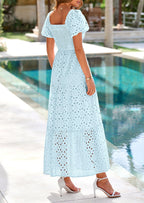 PRETTYGARDEN Dresses for Women Eyelet Square Neck Puff Sleeve Smocked Wedding Guest Maxi Dress with Pockets
