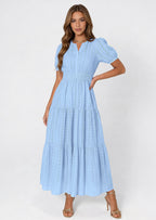PRETTYGARDEN Womens Summer Maxi Dresses Casual Puff Sleeve V Neck Smocked Flowy Eyelet Cotton Dress Spring Sundress