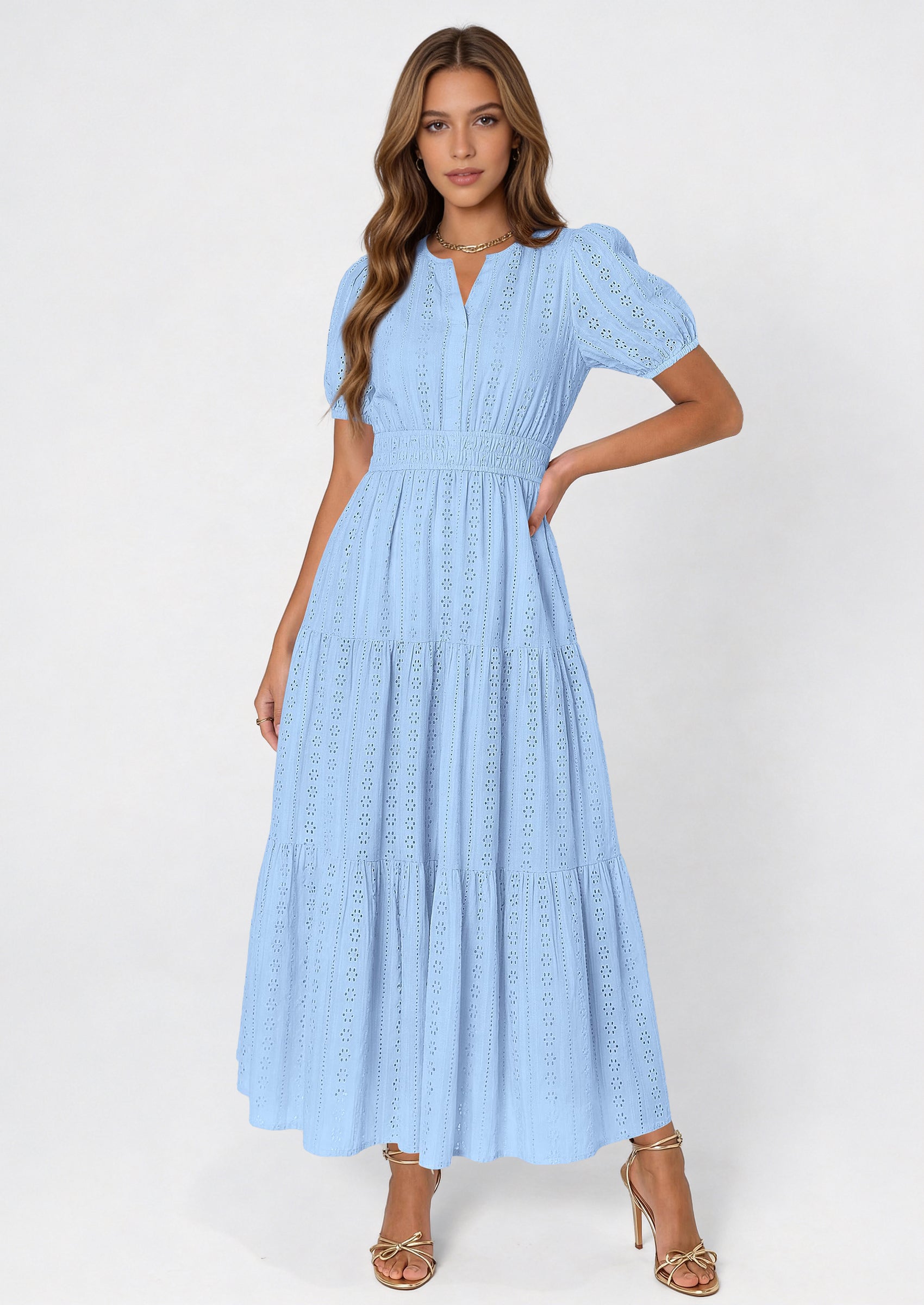 PRETTYGARDEN Womens Summer Maxi Dresses Casual Puff Sleeve V Neck Smocked Flowy Eyelet Cotton Dress Spring Sundress