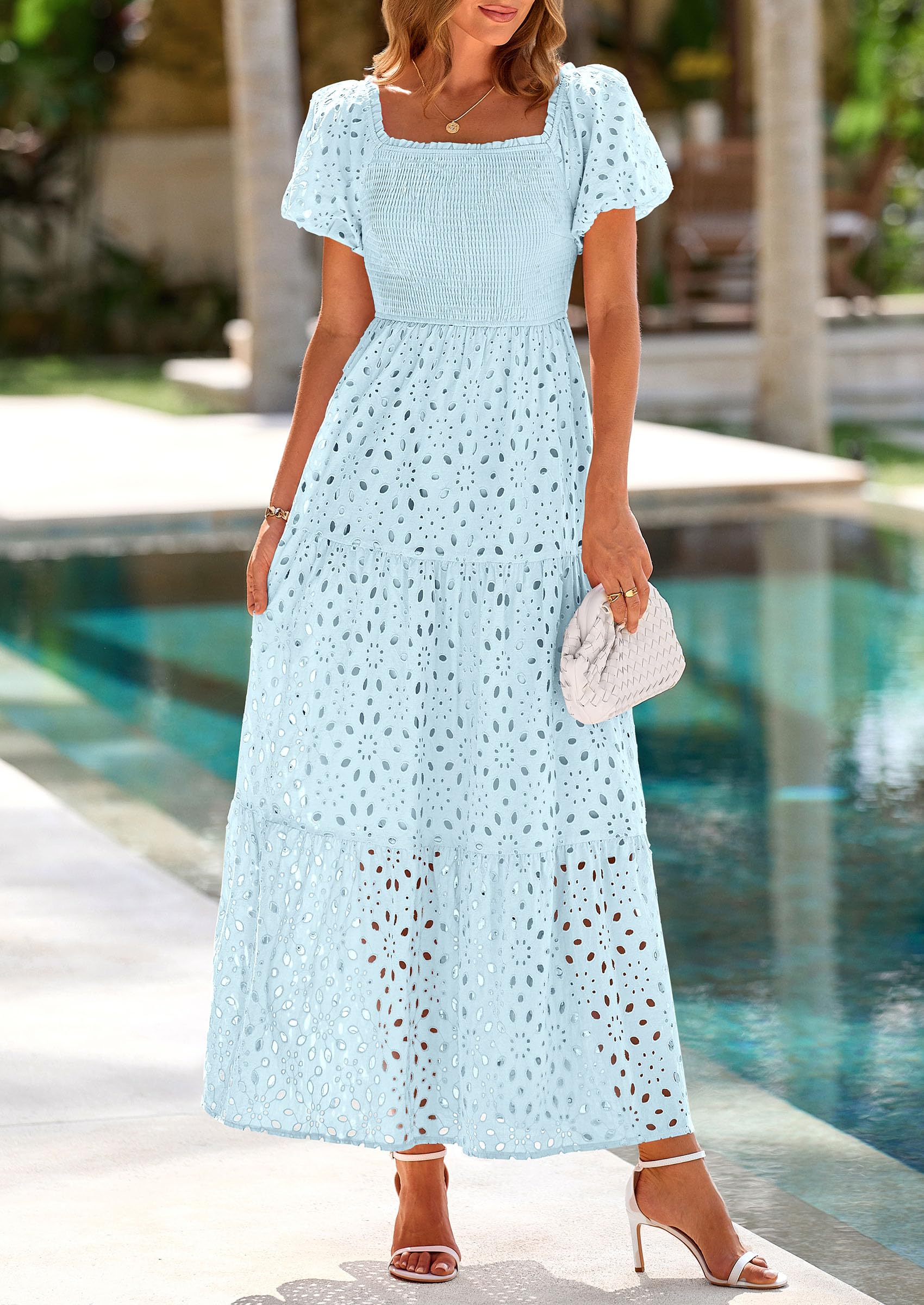 PRETTYGARDEN Dresses for Women Eyelet Square Neck Puff Sleeve Smocked Wedding Guest Maxi Dress with Pockets