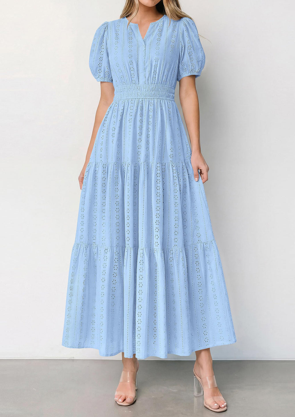 PRETTYGARDEN Womens Summer Maxi Dresses Casual Puff Sleeve V Neck Smocked Flowy Eyelet Cotton Dress Spring Sundress