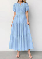PRETTYGARDEN Womens Summer Maxi Dresses Casual Puff Sleeve V Neck Smocked Flowy Eyelet Cotton Dress Spring Sundress