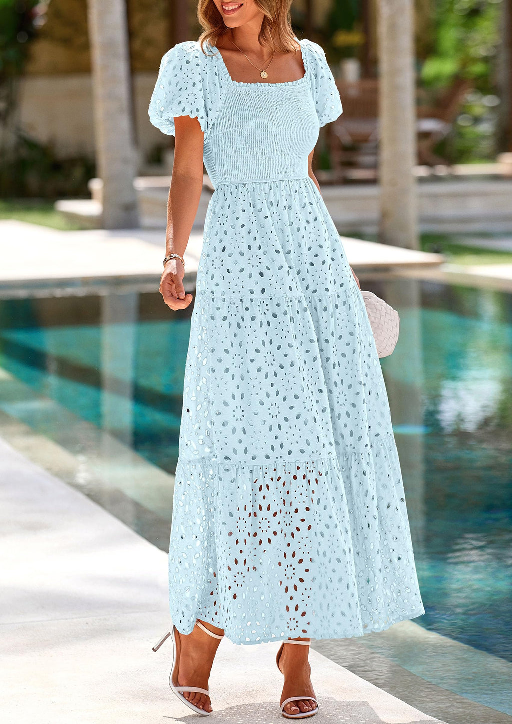 PRETTYGARDEN Dresses for Women Eyelet Square Neck Puff Sleeve Smocked Wedding Guest Maxi Dress with Pockets