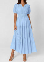 PRETTYGARDEN Womens Summer Maxi Dresses Casual Puff Sleeve V Neck Smocked Flowy Eyelet Cotton Dress Spring Sundress