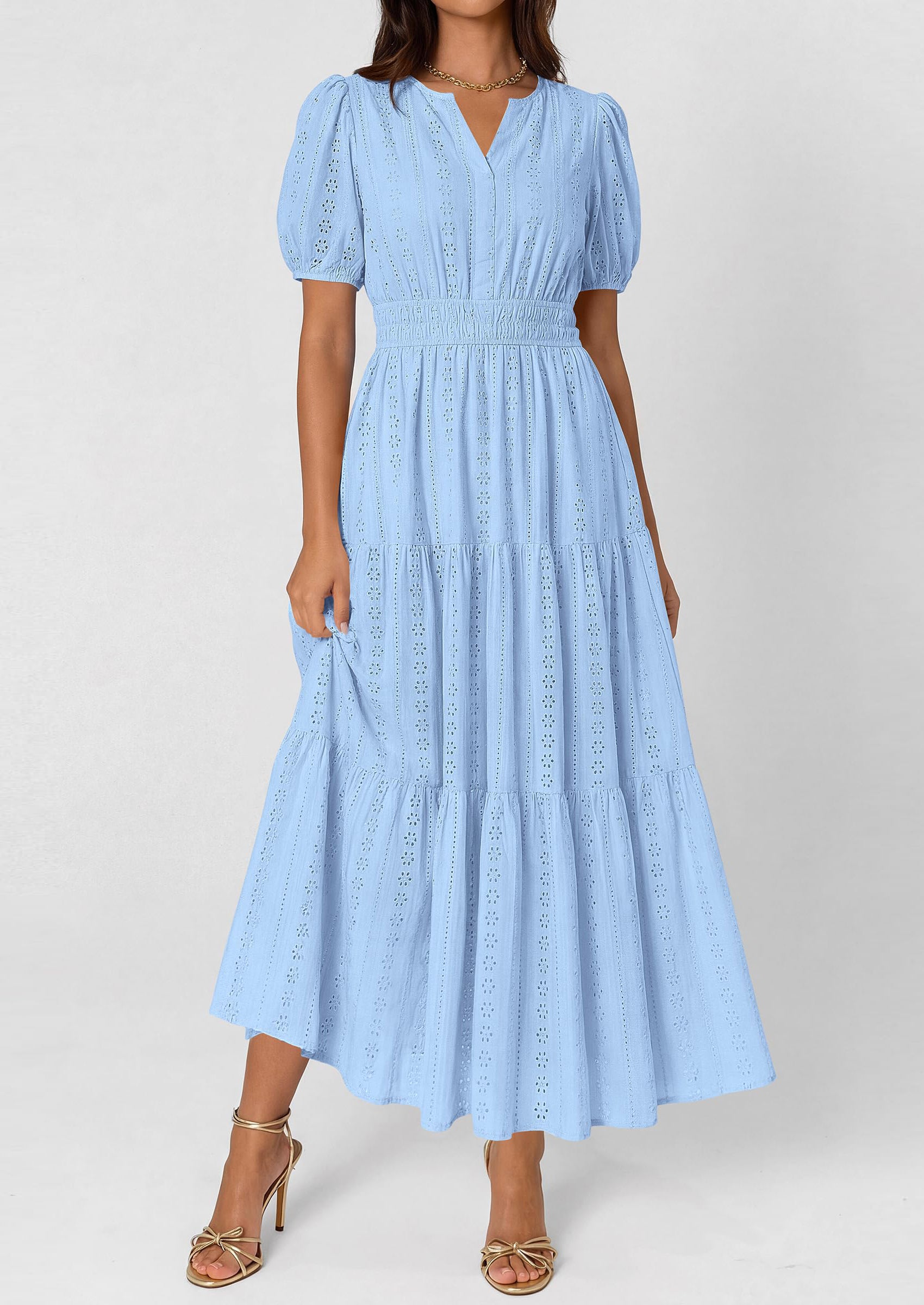 PRETTYGARDEN Womens Summer Maxi Dresses Casual Puff Sleeve V Neck Smocked Flowy Eyelet Cotton Dress Spring Sundress