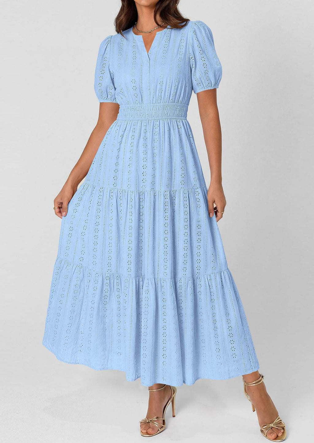 PRETTYGARDEN Womens Summer Maxi Dresses Casual Puff Sleeve V Neck Smocked Flowy Eyelet Cotton Dress Spring Sundress