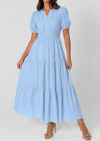 PRETTYGARDEN Womens Summer Maxi Dresses Casual Puff Sleeve V Neck Smocked Flowy Eyelet Cotton Dress Spring Sundress
