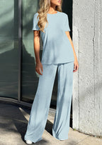 PRETTYGARDEN Summer Lounge Sets for Women 2 Piece Short Sleeve Crewneck Cute Tops and Wide Leg Pants with Pockets Pj Set