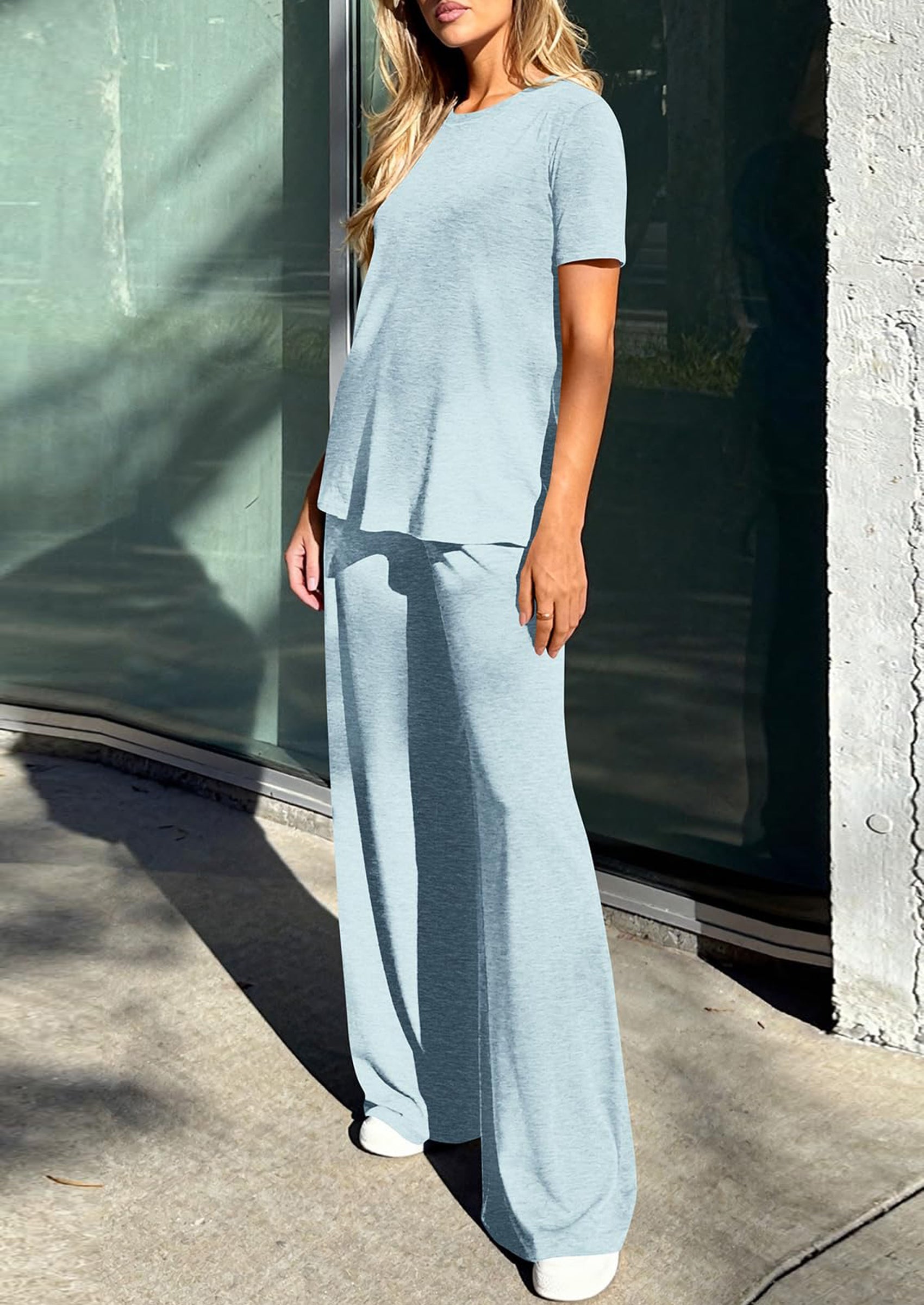 PRETTYGARDEN Summer Lounge Sets for Women 2 Piece Short Sleeve Crewneck Cute Tops and Wide Leg Pants with Pockets Pj Set
