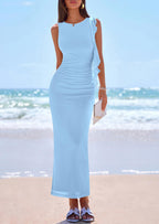 PRETTYGARDEN Women's Summer Maxi Dresses Sleeveless Ruffle Formal Wedding Guest Cocktail Mesh Bodycon Split Long Dress