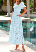 PRETTYGARDEN Dresses for Women Eyelet Square Neck Puff Sleeve Smocked Wedding Guest Maxi Dress with Pockets