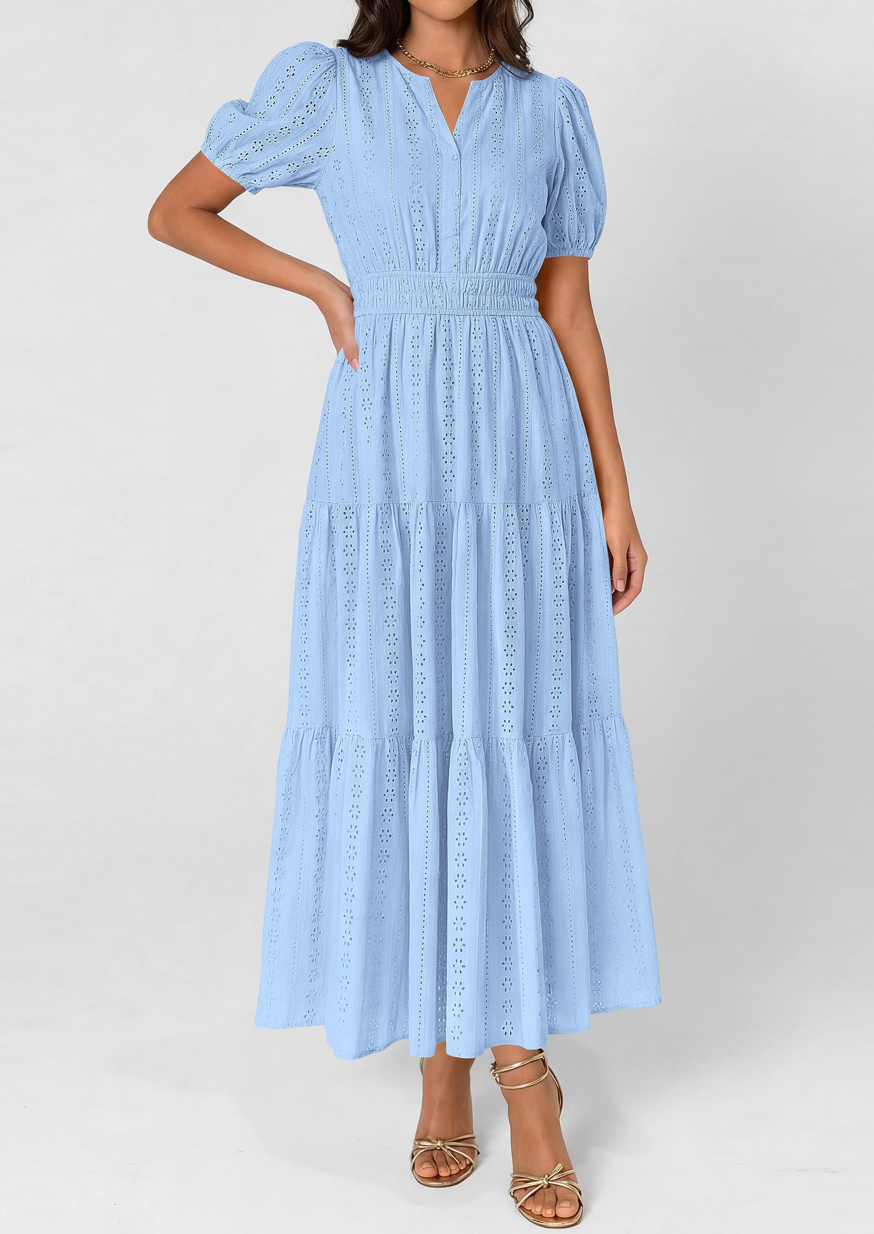 PRETTYGARDEN Womens Summer Maxi Dresses Casual Puff Sleeve V Neck Smocked Flowy Eyelet Cotton Dress Spring Sundress