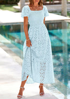 PRETTYGARDEN Dresses for Women Eyelet Square Neck Puff Sleeve Smocked Wedding Guest Maxi Dress with Pockets