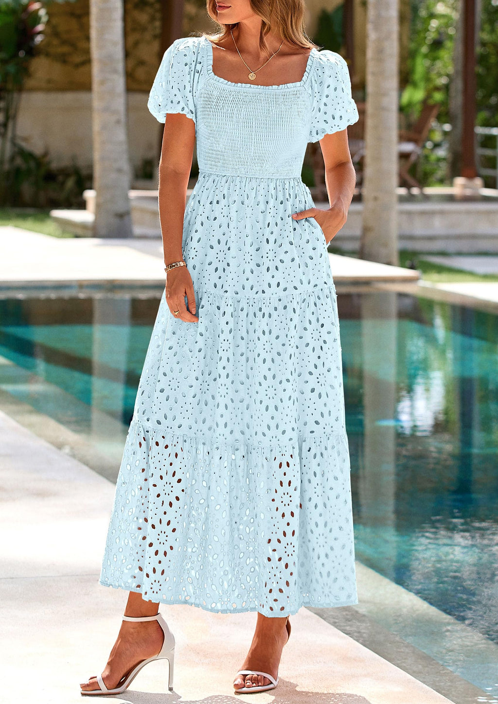PRETTYGARDEN Dresses for Women Eyelet Square Neck Puff Sleeve Smocked Wedding Guest Maxi Dress with Pockets