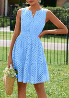 PRETTYGARDEN Women's Summer Dresses Sleeveless V Neck Eyelet Hollow Out Swing A Line Beach Vacation Sun Dress