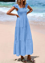 PRETTYGARDEN Womens Square Neck Maxi Dresses Cap Sleeve Eyelet Smocked Tiered A Line Flowy Long Dress with Pockets