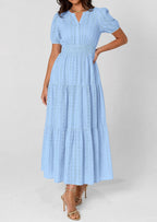 PRETTYGARDEN Womens Summer Maxi Dresses Casual Puff Sleeve V Neck Smocked Flowy Eyelet Cotton Dress Spring Sundress
