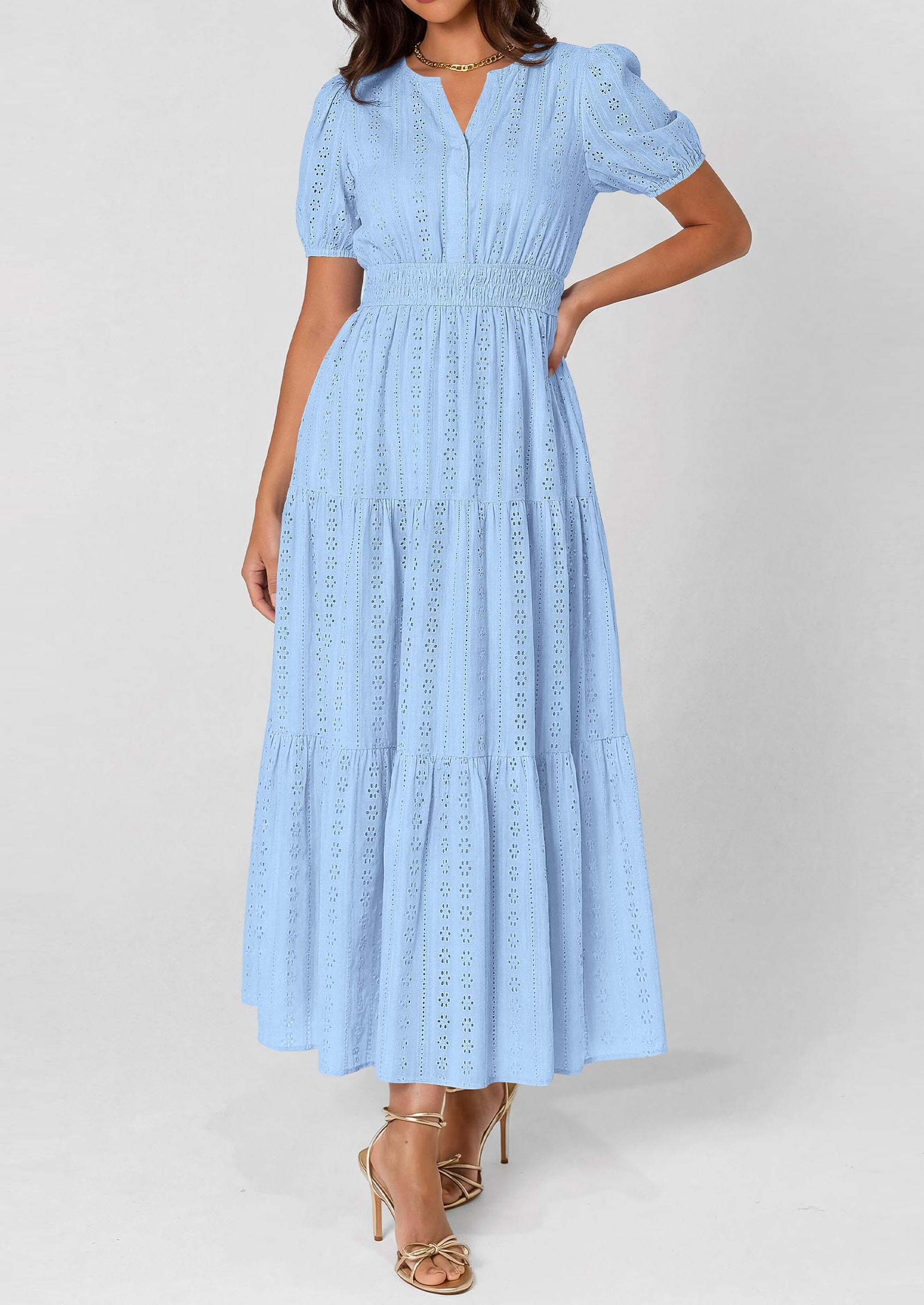 PRETTYGARDEN Womens Summer Maxi Dresses Casual Puff Sleeve V Neck Smocked Flowy Eyelet Cotton Dress Spring Sundress