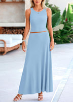 PRETTYGARDEN 2 Piece Maxi Skirt Sets Casual Knit Cropped Tank Top High Waisted Long Skirts Outfit