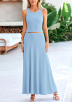 PRETTYGARDEN 2 Piece Maxi Skirt Sets Casual Knit Cropped Tank Top High Waisted Long Skirts Outfit