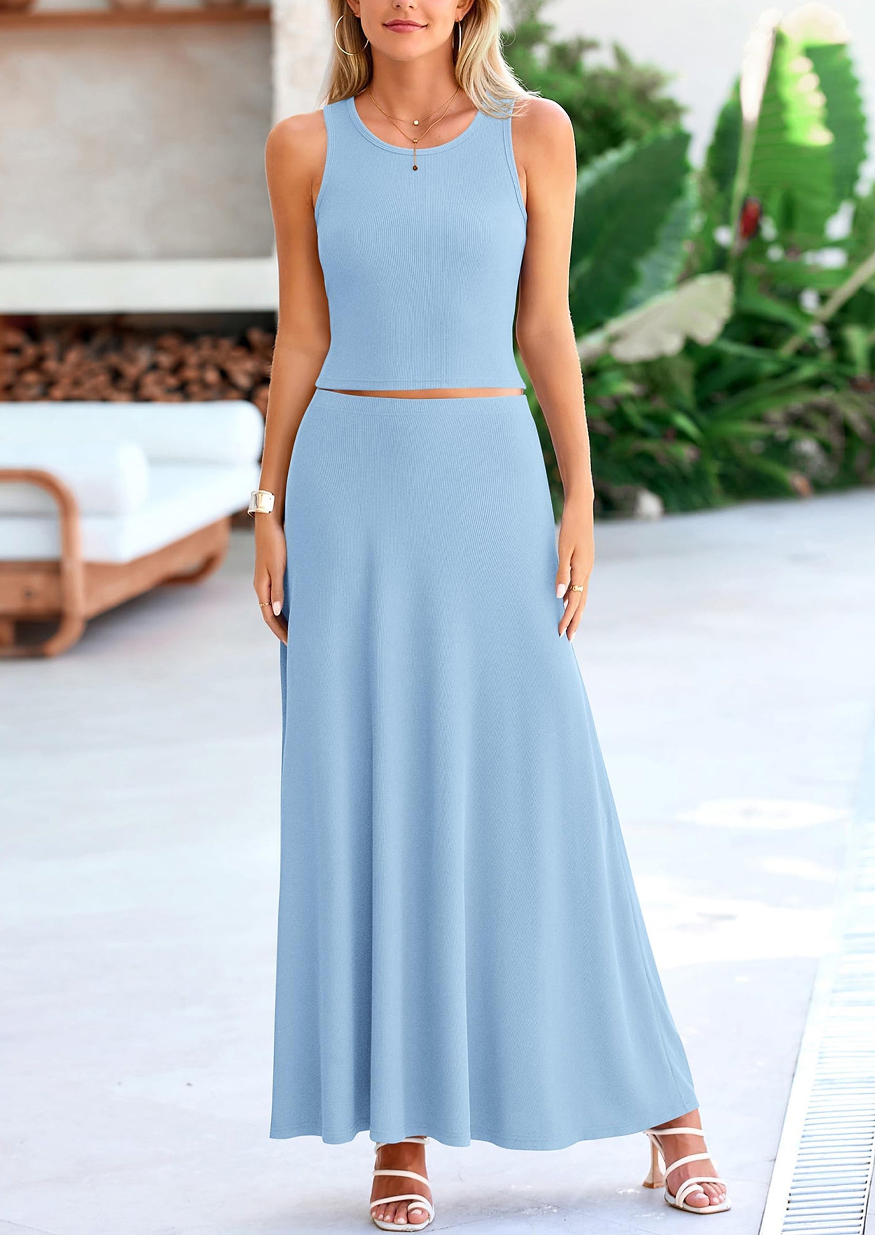 PRETTYGARDEN 2 Piece Maxi Skirt Sets Casual Knit Cropped Tank Top High Waisted Long Skirts Outfit