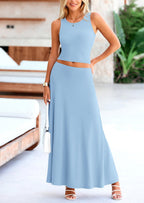 PRETTYGARDEN 2 Piece Maxi Skirt Sets Casual Knit Cropped Tank Top High Waisted Long Skirts Outfit
