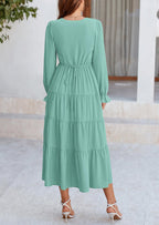 PRETTYGARDEN Women Fall Long Sleeve Smocked Maxi Dress Casual Square Neck Swiss Dot Tiered Ruffle Flowy Spring Pocket Dresses