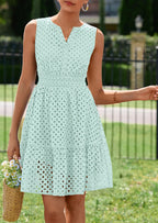 PRETTYGARDEN Women's Summer Dresses Sleeveless V Neck Eyelet Hollow Out Swing A Line Beach Vacation Sun Dress