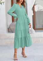 PRETTYGARDEN Women Fall Long Sleeve Smocked Maxi Dress Casual Square Neck Swiss Dot Tiered Ruffle Flowy Spring Pocket Dresses