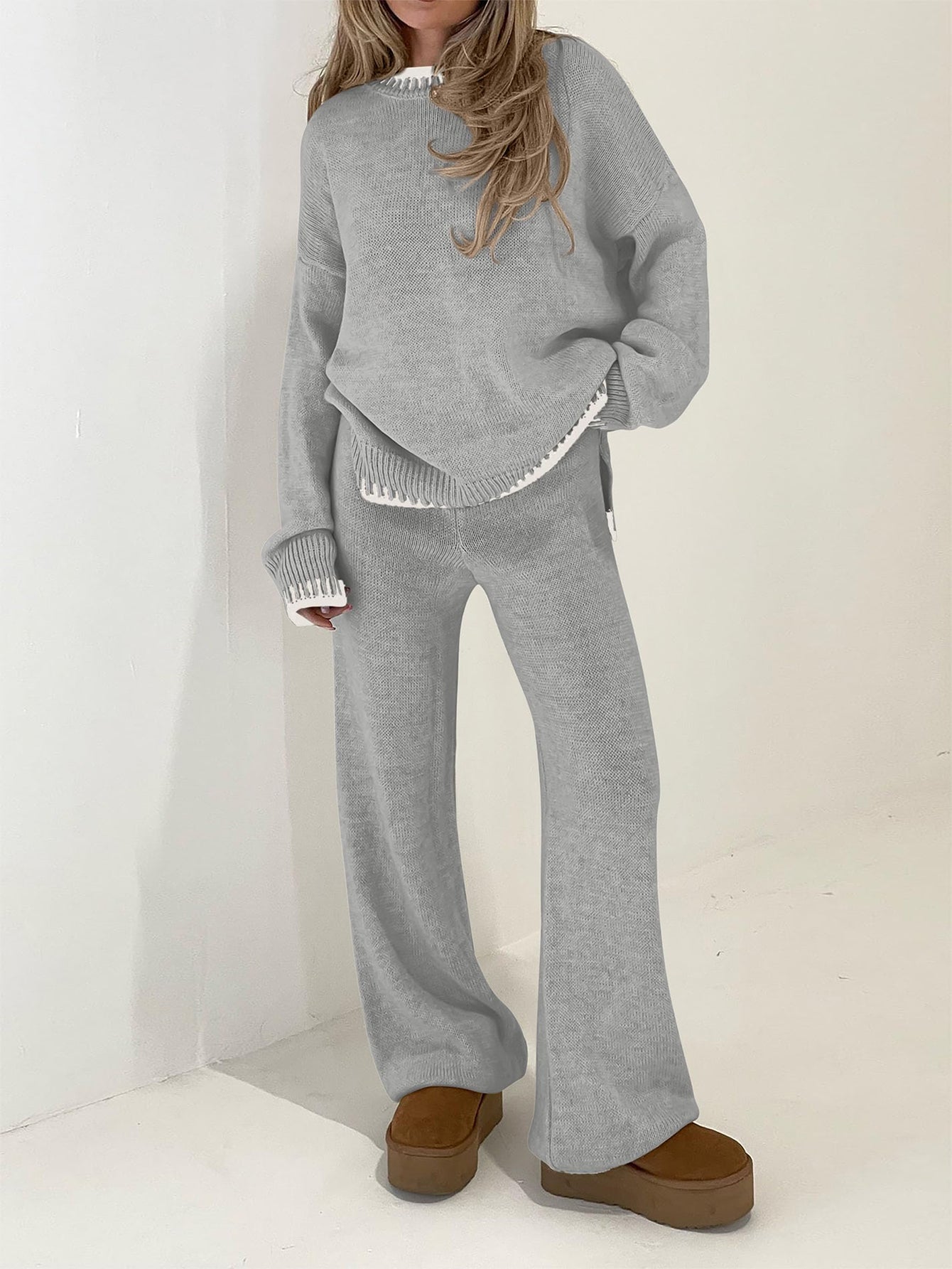 PRETTYGARDEN Women's 2 Piece Knit Sweater Outfit Casual Long Sleeve Pullover Wide Leg Pants Tracksuit Loungewear Set