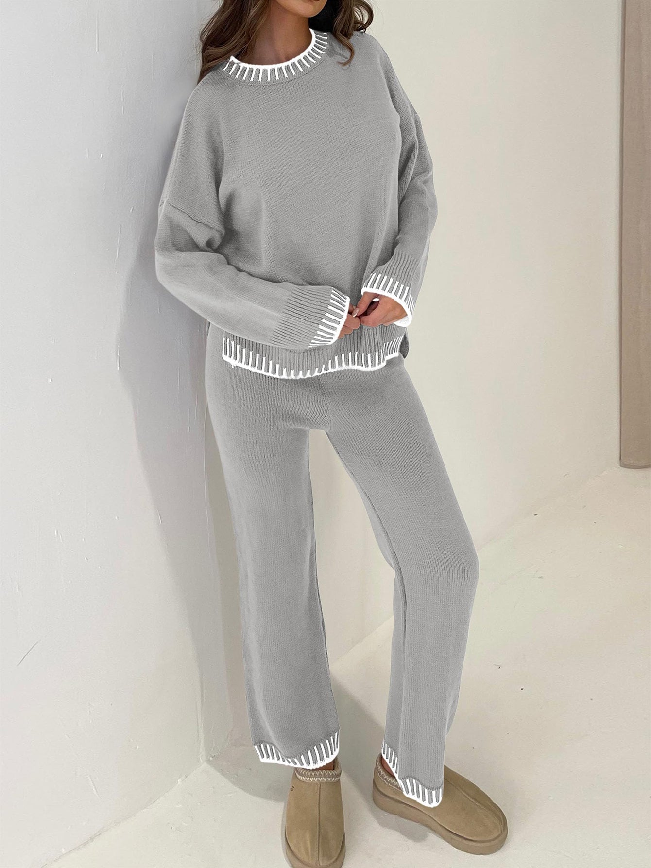PRETTYGARDEN Women's 2 Piece Knit Sweater Outfit Casual Long Sleeve Pullover Wide Leg Pants Tracksuit Loungewear Set