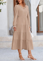 PRETTYGARDEN Women Fall Long Sleeve Smocked Maxi Dress Casual Square Neck Swiss Dot Tiered Ruffle Flowy Spring Pocket Dresses