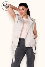 Longline Sleeveless Lapel Faux Leather Biker Jacket Outwear Coat in Stone Colour