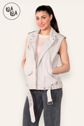 Longline Sleeveless Lapel Faux Leather Biker Jacket Outwear Coat in Stone Colour