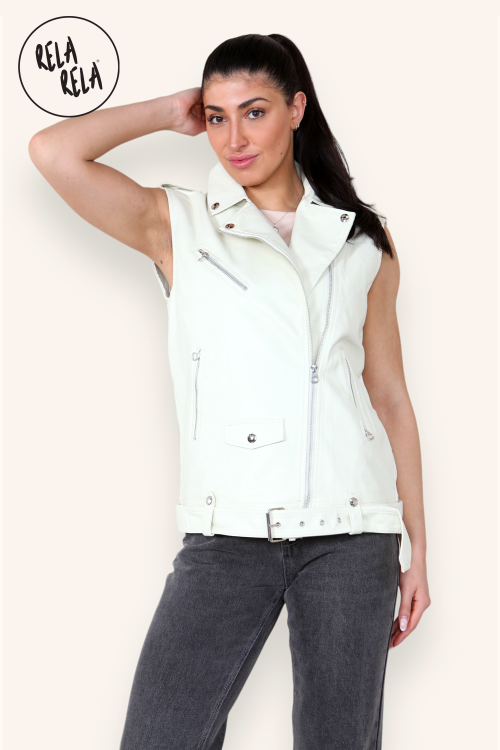 Longline Sleeveless Lapel Faux Leather Biker Jacket Outwear Coat in Cream Colour