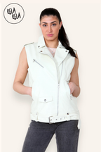Longline Sleeveless Lapel Faux Leather Biker Jacket Outwear Coat in Cream Colour