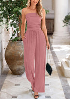 PRETTYGARDEN 2 Piece Sets Casual Ribbed Knit Crop Tube Top Wide Leg Pants Lounge Set