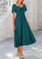 PRETTYGARDEN Summer Dress for Women Casual Short Sleeve Bow Tie V Neck Ruffle Midi Flowy Dresses