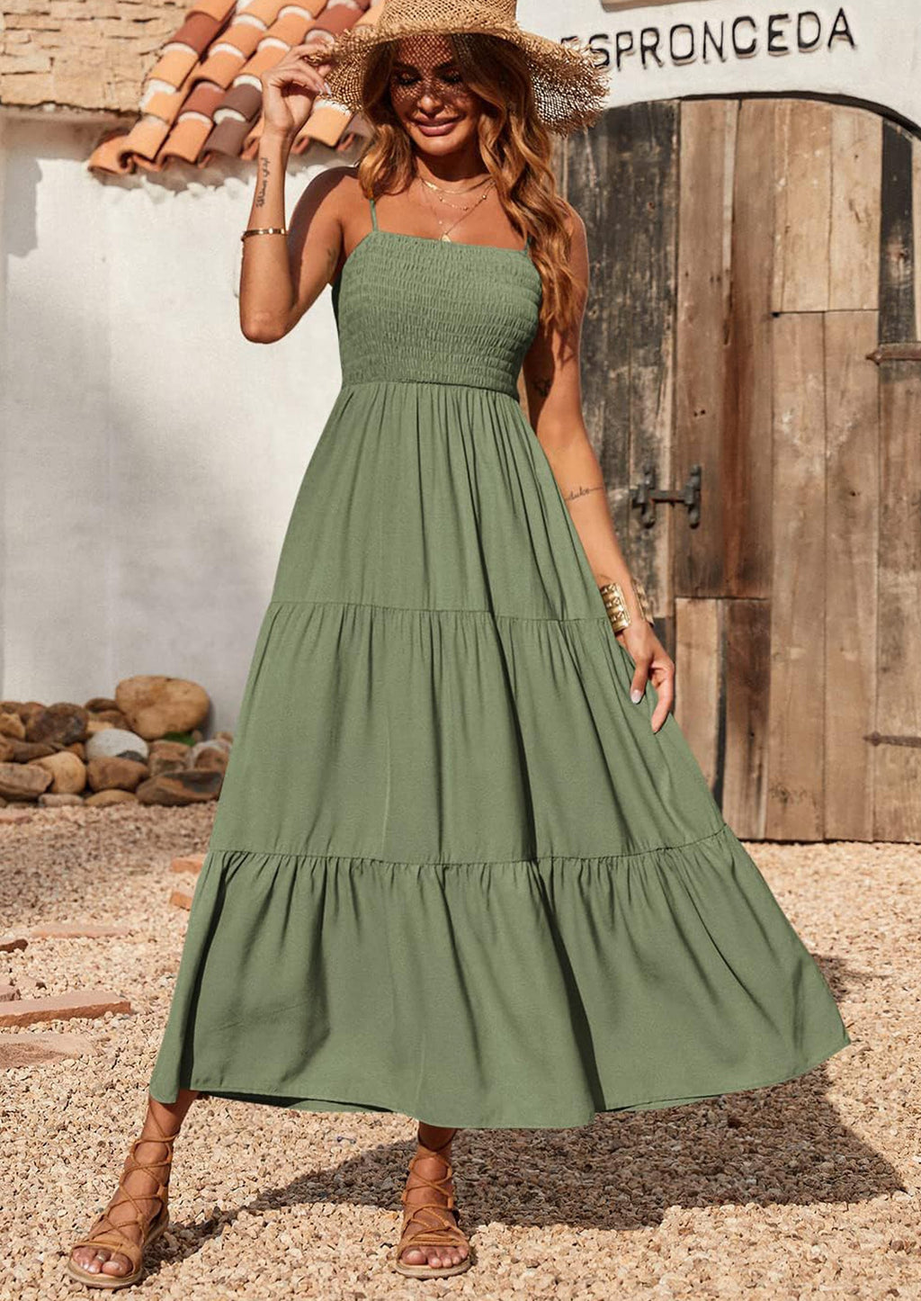 PRETTYGARDEN Women's Summer Maxi Dress Casual Boho Sleeveless Spaghetti Strap Smocked Tiered Long Beach Sundresses