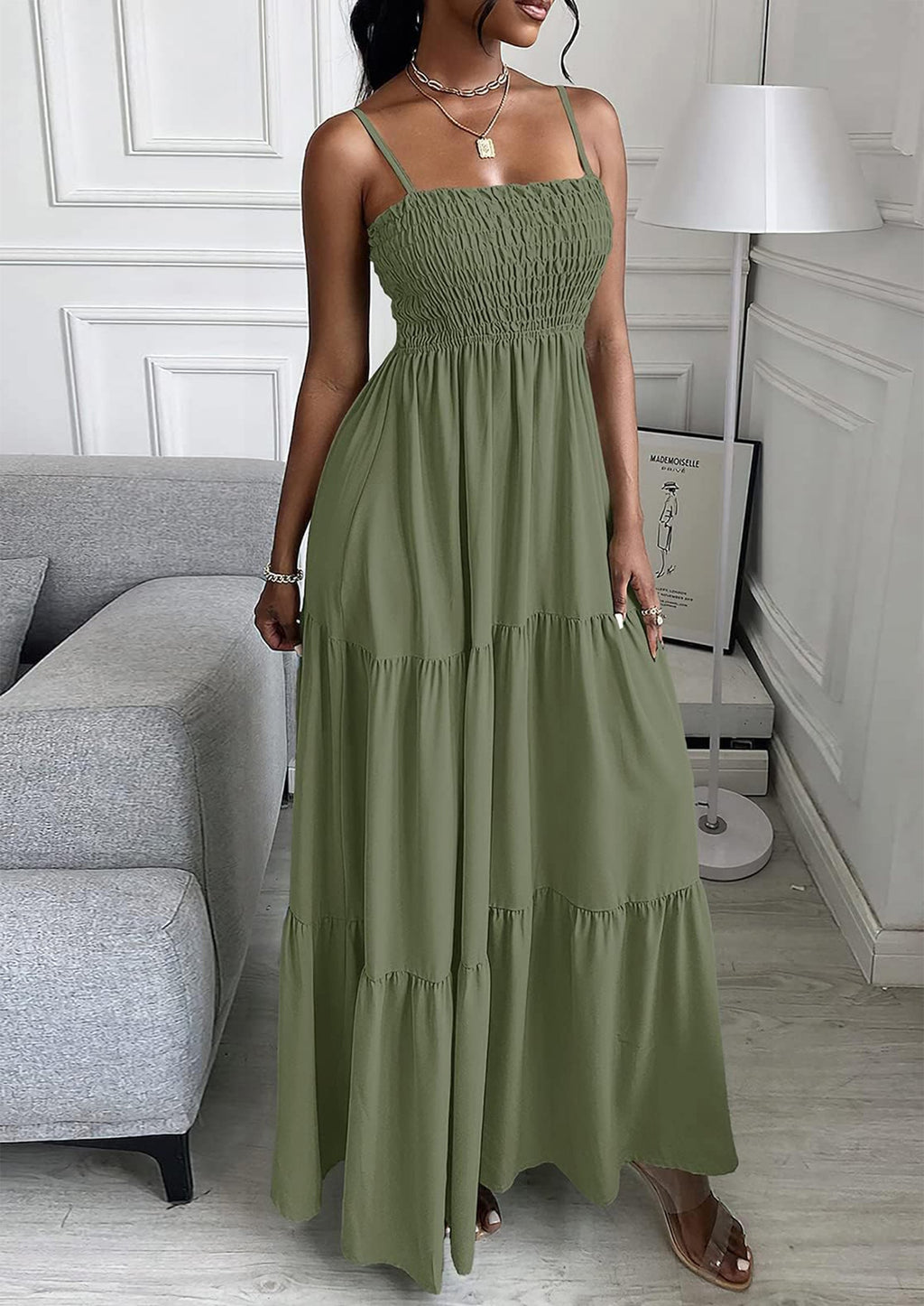 PRETTYGARDEN Women's Summer Maxi Dress Casual Boho Sleeveless Spaghetti Strap Smocked Tiered Long Beach Sundresses