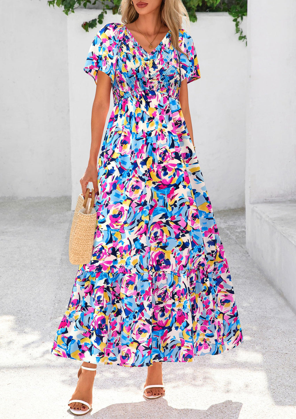 PRETTYGARDEN Women Floral Boho Maxi Dresses Short Sleeve V Neck Smocked A Line Long Flowy Beach Vacation Dress
