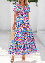 PRETTYGARDEN Women Floral Boho Maxi Dresses Short Sleeve V Neck Smocked A Line Long Flowy Beach Vacation Dress