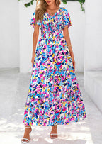 PRETTYGARDEN Women Floral Boho Maxi Dresses Short Sleeve V Neck Smocked A Line Long Flowy Beach Vacation Dress