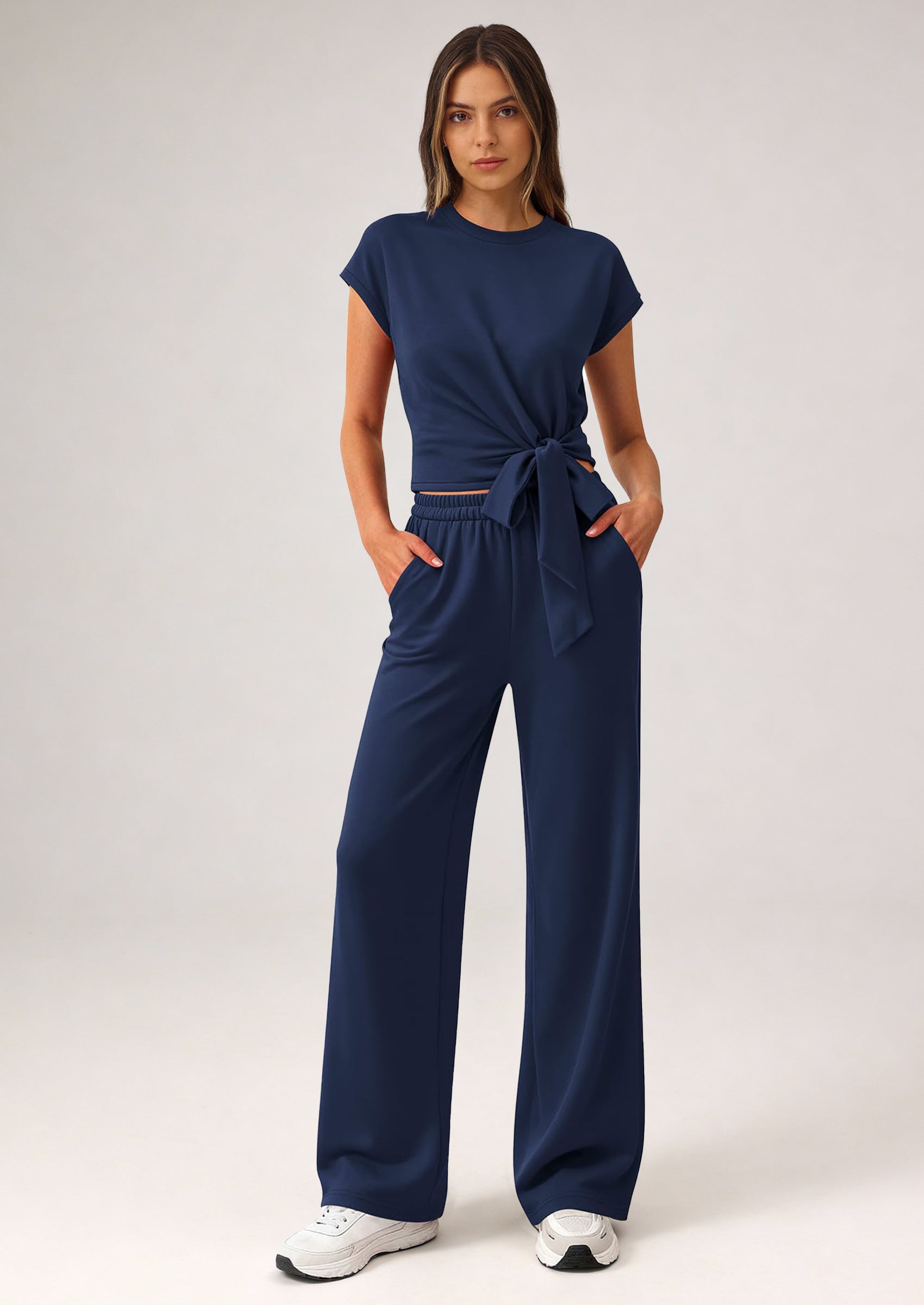 PRETTYGARDEN 2 Piece Matching Lounge Sets For Women Summer Short Sleeve Tie Front Crop Tops Casual Wide Leg Pants Tracksuit