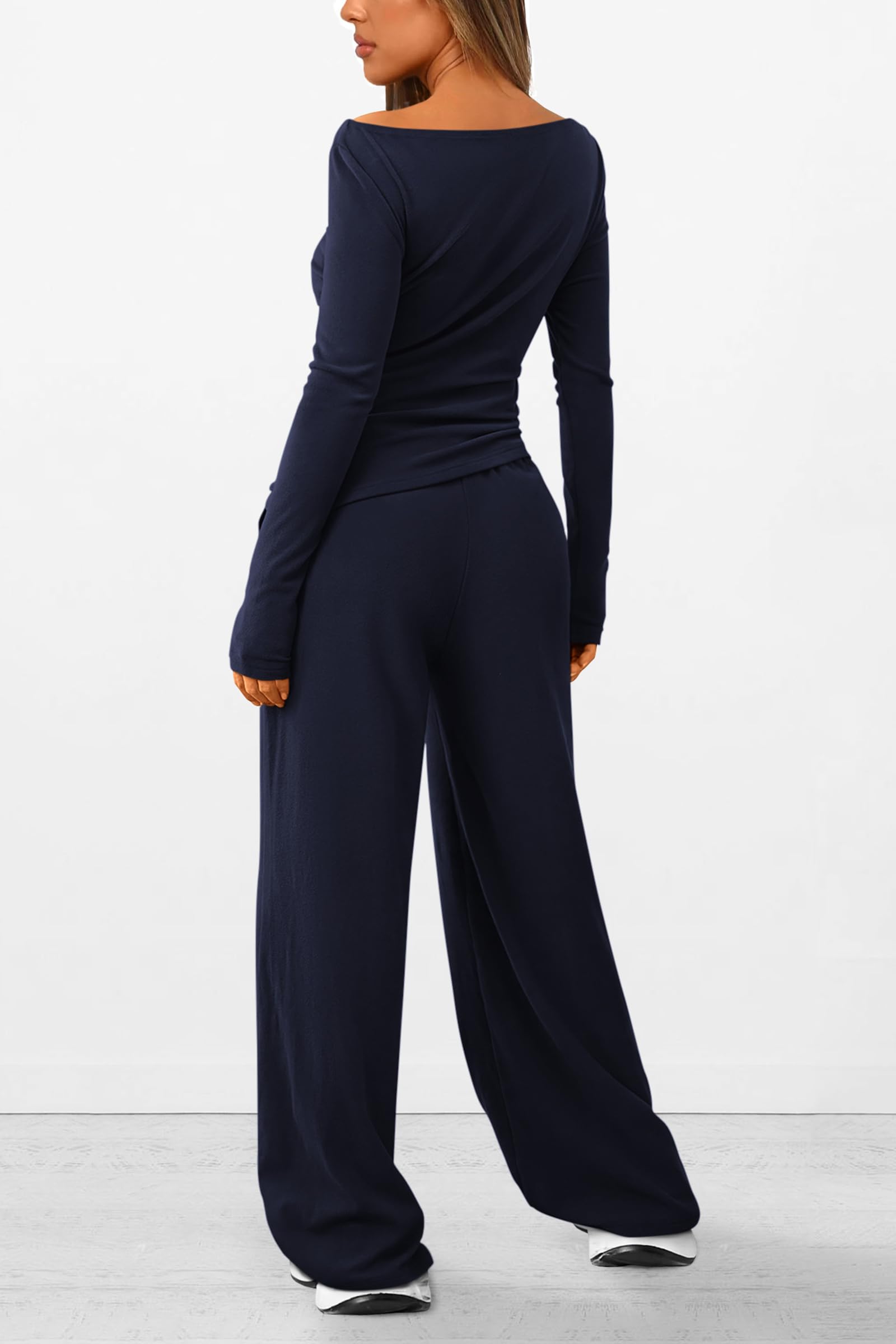 PRETTYGARDEN Women's 2 Piece Lounge Sets Asymmetrical Long Sleeve T Shirt Wide Leg Pants Casual Outfits Tracksuit