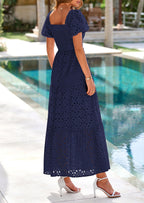 PRETTYGARDEN Dresses for Women Eyelet Square Neck Puff Sleeve Smocked Wedding Guest Maxi Dress with Pockets