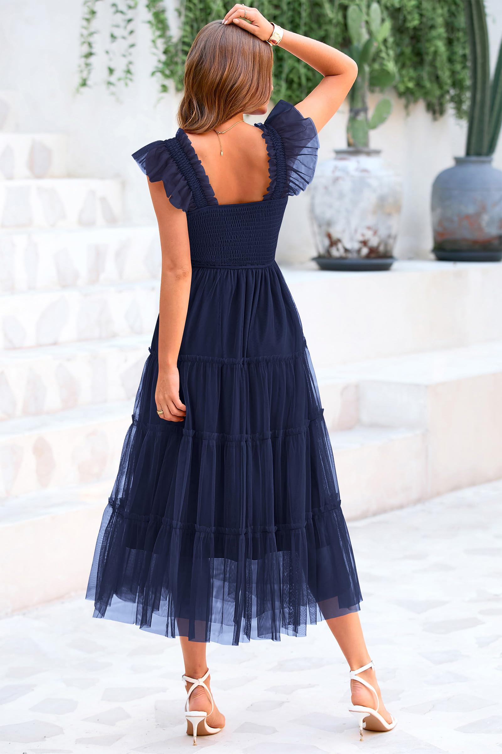 PRETTYGARDEN Women's Tulle Midi Dress Sleeveless Smocked Ruffle Mesh Flowy Dresses Party Wedding Guest Sundress