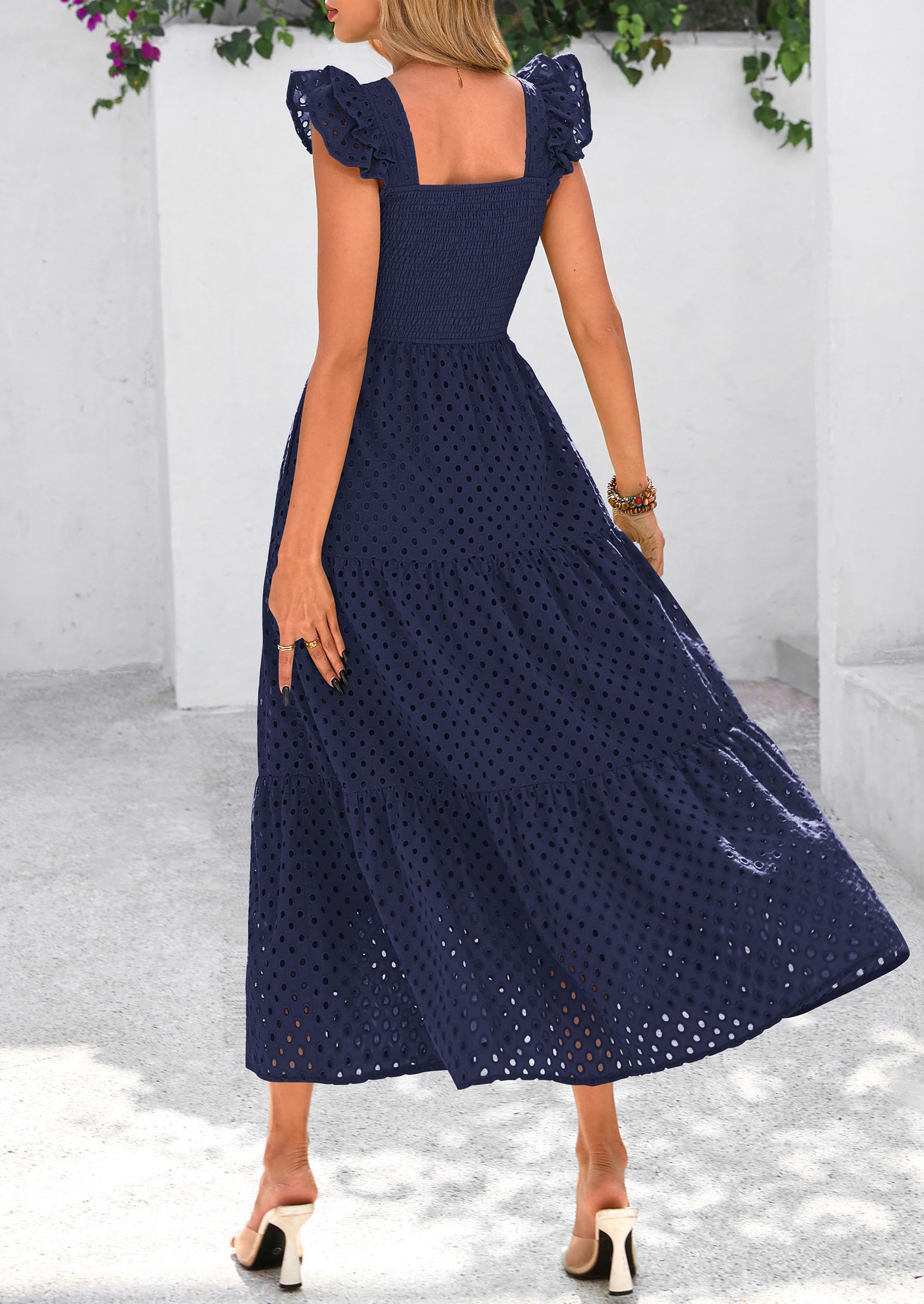 PRETTYGARDEN Womens Square Neck Maxi Dresses Cap Sleeve Eyelet Smocked Tiered A Line Flowy Long Dress with Pockets